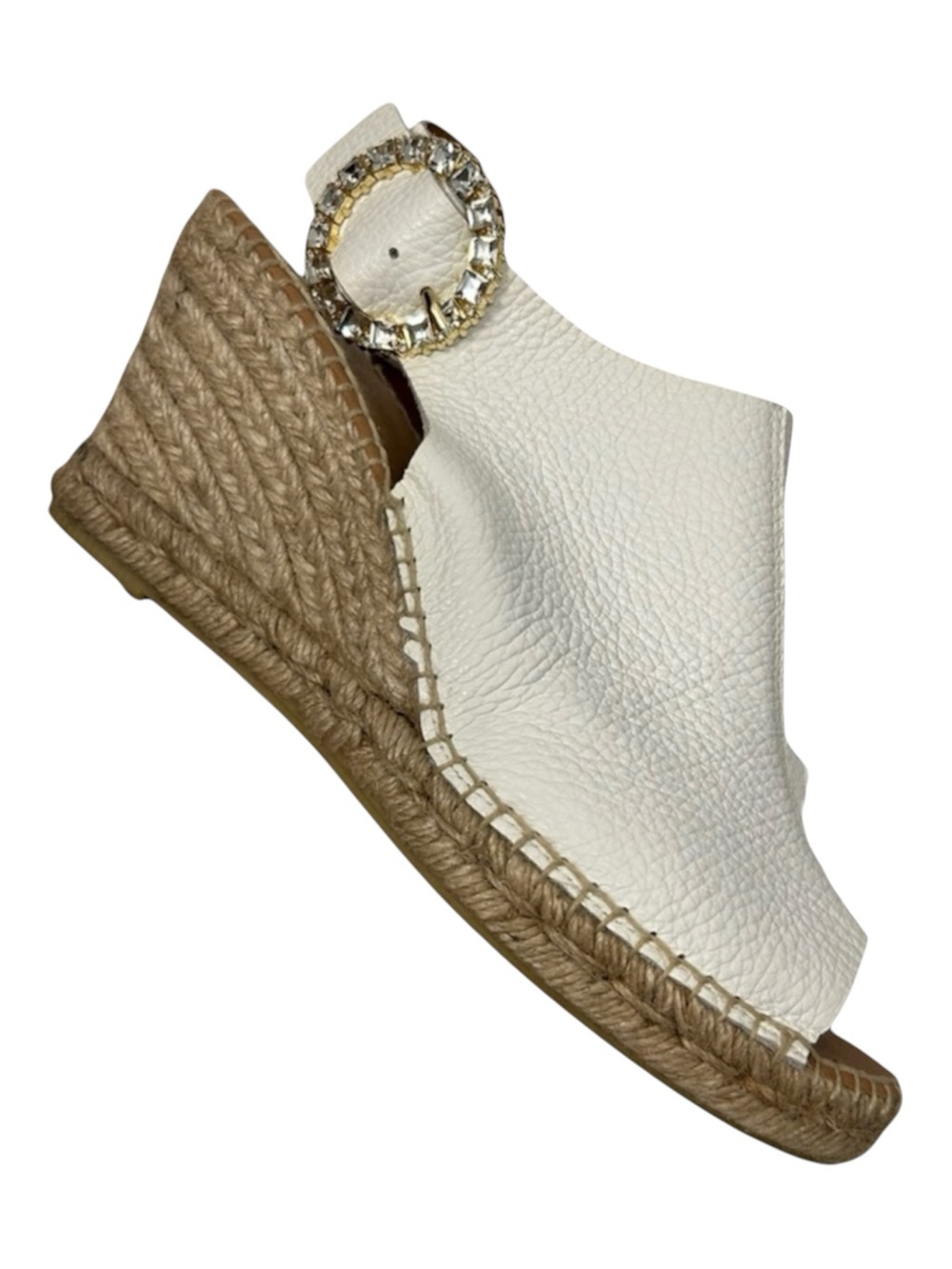 Maypol / Anthropologie White leather Espadrille wedges rhinestone buckle Size 40